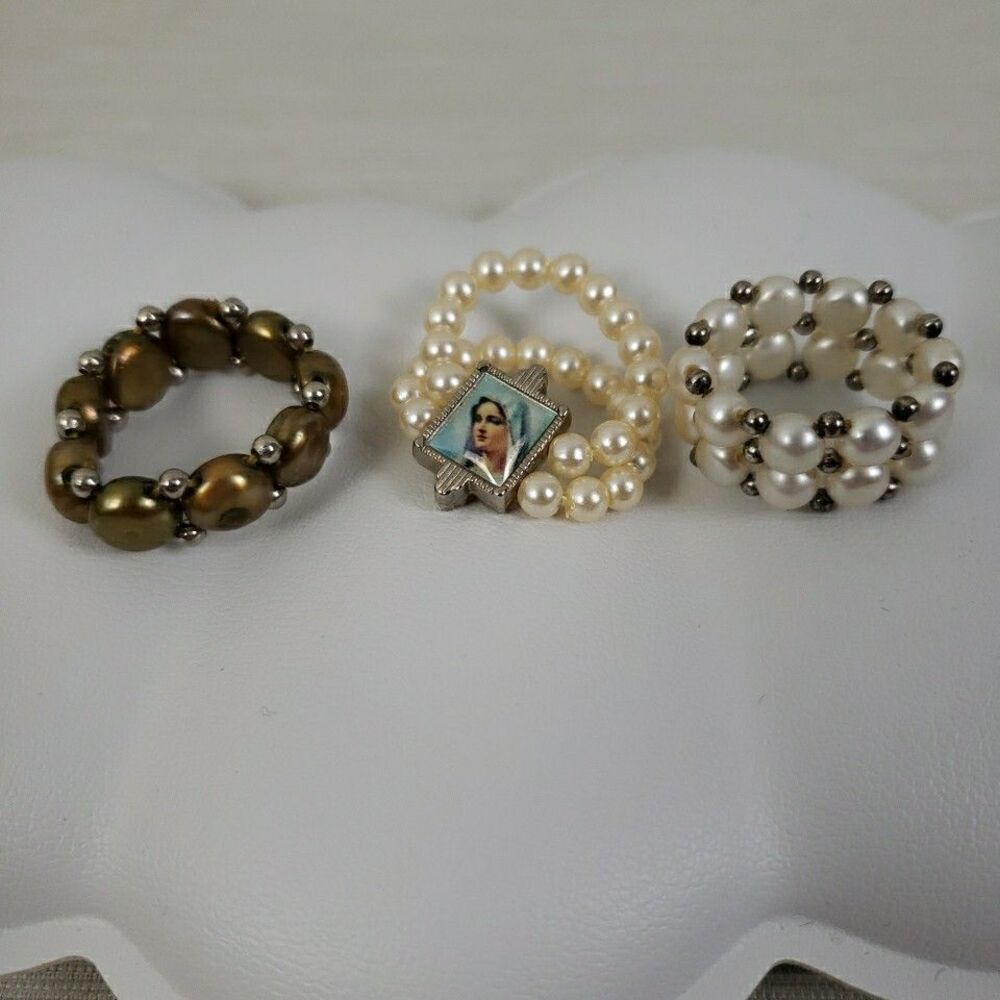 Faux & Real Pearl Stretch Rings Flat & Round Set of 3 Vintage